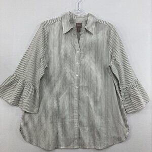 Chico's size Large/2 Gray White Striped Ruffle Sleeve Preppy Button Down Office